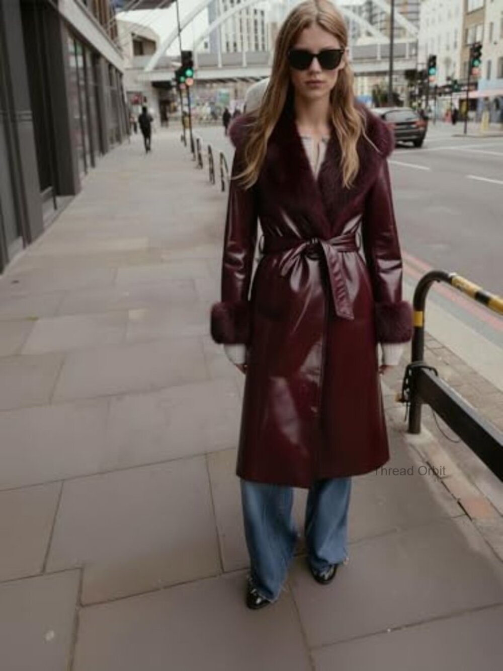 Faux Leather Coat with Faux Fur Collar, Long Sleeve Winter Coat with Belt - Picture 5 of 7
